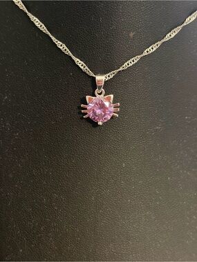Silver Cat Face Necklace with Pink Crystal Pendant